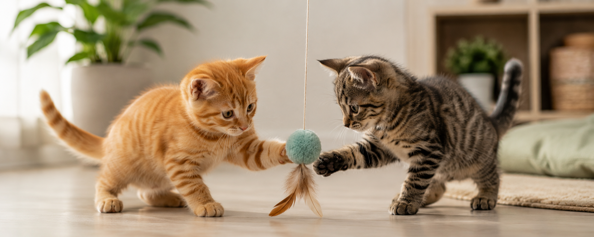 Dos gatitos jugando con un juguete de plumas en casa